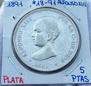 Moneda PLATA 5 Pesetas 1891 *(18-91) ALFONSO XIII