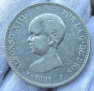 Moneda PLATA 5 Pesetas 1891 *(18-91) ALFONSO XIII