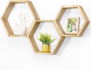 Juego 3 Estantes Hexagonales Flotantes Madera
