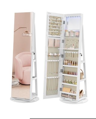 SONGMICS Espejo Joyero con 6 LEDs, Armario de Joyas Giro de 360°, Organizador de Joyería Giratorio, sin Marco, Espejo Completo, 3 Estantes, Superficie Blanco, Regalos Navidad, Forro Greige JJC007W02