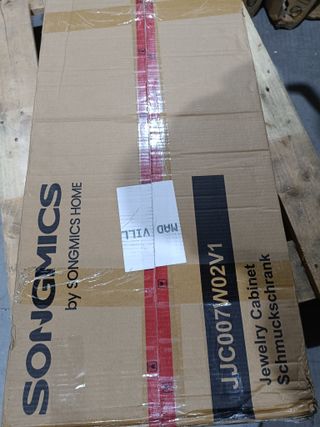 SONGMICS Espejo Joyero con 6 LEDs, Armario de Joyas Giro de 360°, Organizador de Joyería Giratorio, sin Marco, Espejo Completo, 3 Estantes, Superficie Blanco, Regalos Navidad, Forro Greige JJC007W02