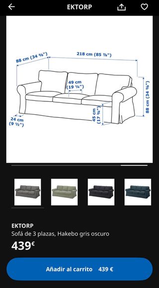 Sofá 3 plazas Ektorp gris oscuro Hakebo Ikea