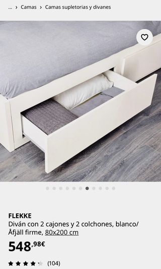 FLEKKE Cama Diván Blanca con 2 Cajones+2 Colchones