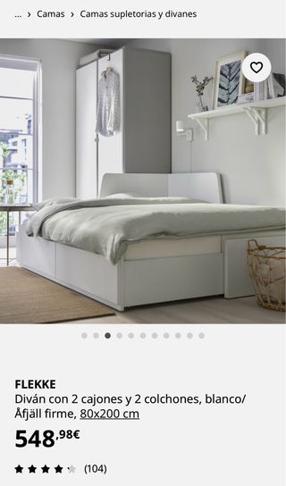 FLEKKE Cama Diván Blanca con 2 Cajones+2 Colchones