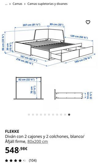 FLEKKE Cama Diván Blanca con 2 Cajones+2 Colchones