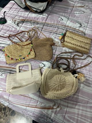 Pack 5 bolsos de rafia y mimbre