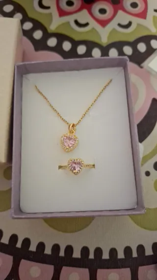 Conjunto collar y anillo corazón rosa oro