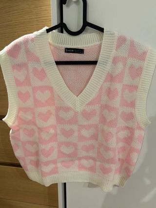 Chaleco punto SHEIN Corazones Rosa Blanco Talla XS