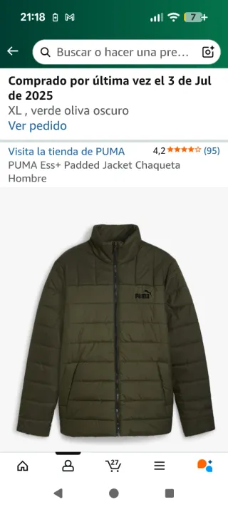 Chaqueta Puma acolchada XL verde oliva