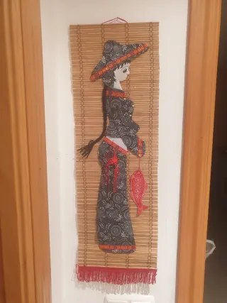 Cuadro esterilla china mujer pez