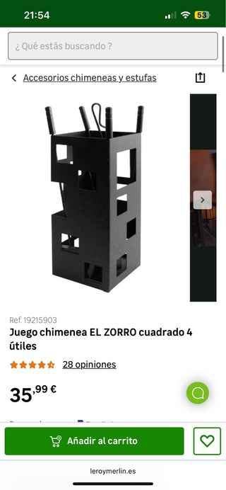 Juego chimenea EL ZORRO cuadrado 4 útiles