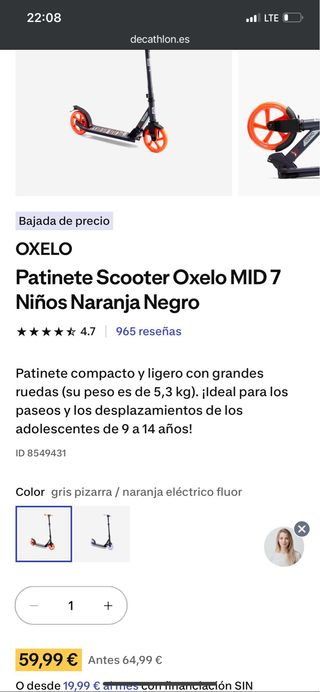 Patinete Oxelo MID 7 Negro/Naranja