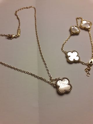Collar y pulsera trébol nácar dorado