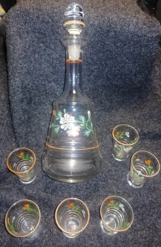 Juego licor botella 6 vasos vintage flores
