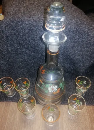 Juego licor botella 6 vasos vintage flores