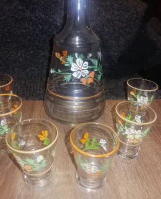 Juego licor botella 6 vasos vintage flores
