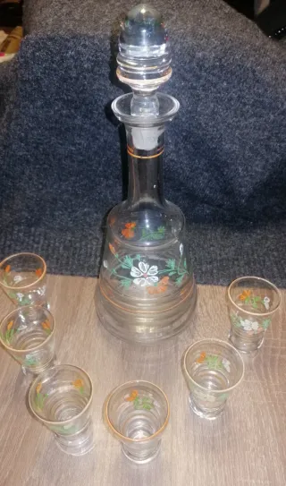 Juego licor botella 6 vasos vintage flores