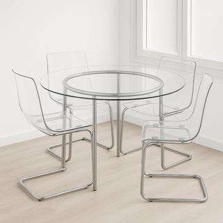 Mesa redonda cristal y 4 sillas transparentes IKEA