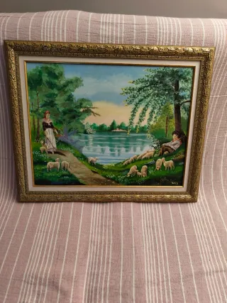 Cuadro Óleo Paisaje Pastor y Ovejas