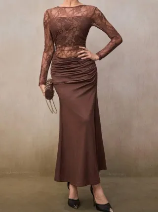 Vestido marrón encaje y drapeado