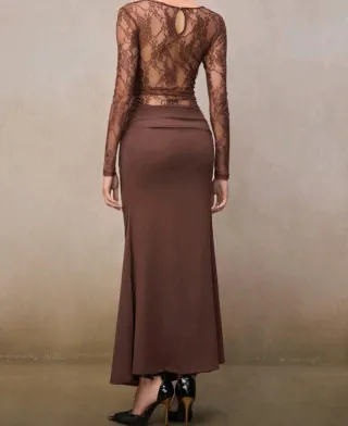 Vestido marrón encaje y drapeado