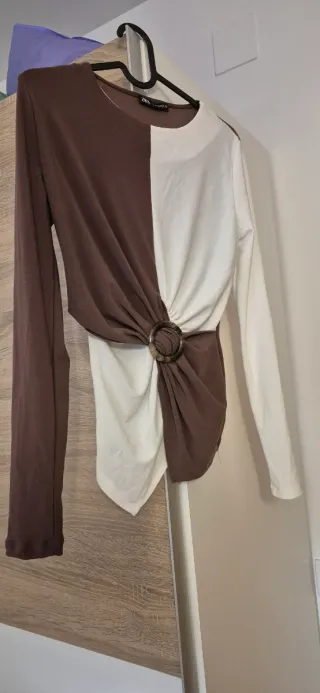 Zara Top Marrón y Blanco Talla