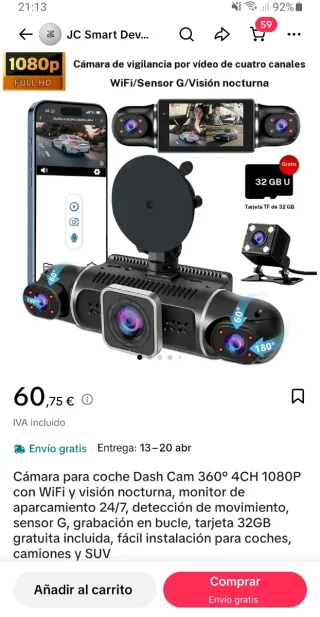 Dashcam 1080p WiFi Visión Nocturna 360°