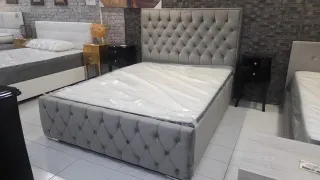Cama Matrimonial Beige/Gris Terciopelo