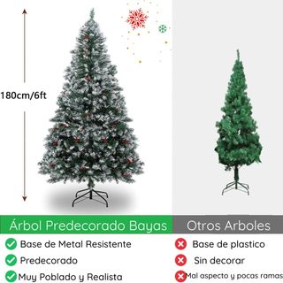 Árbol de Navidad decorado bayas y piñas 210 cm