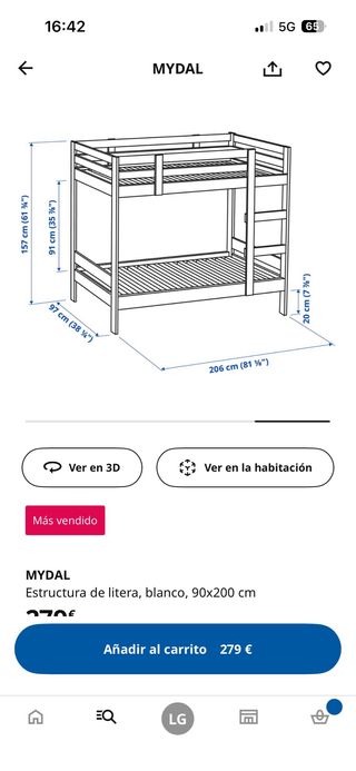 Litera MYDAL madera blanca 90x200