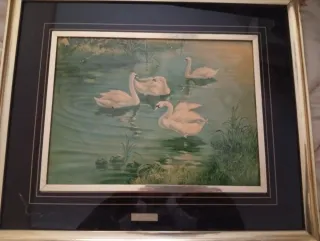 Cuadro vintage cisnes marco dorado