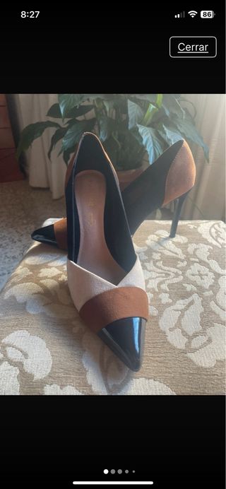 Zapatos de salón tacón beige, negro y marrón