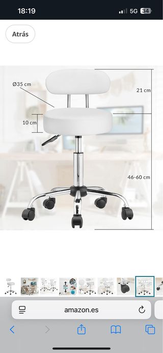 Taburete blanco con ruedas y respaldo