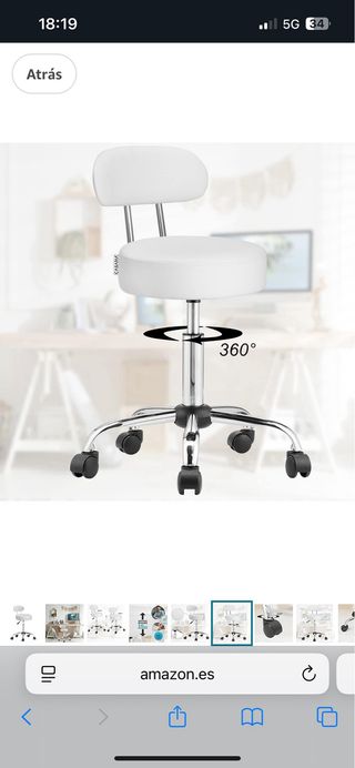 Taburete blanco con ruedas y respaldo