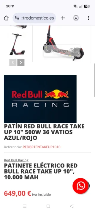 Patinete Eléctrico Red Bull Racing 10 homologado
