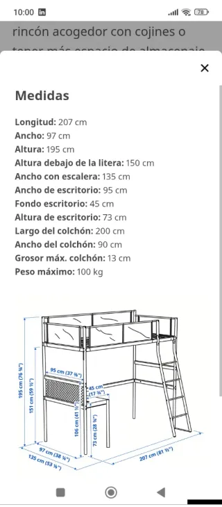 Cama alta Ikea con escritorio