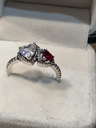 Anillo Plata Ley 925 Corazón Rojo y Blanco