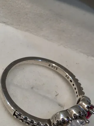 Anillo Plata Ley 925 Corazón Rojo y Blanco