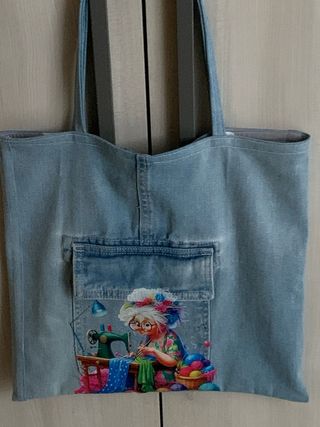 Borsa shopper in denim con stampa