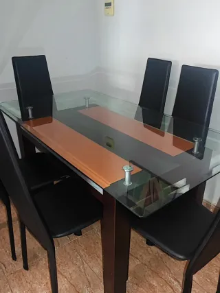 Mesa Comedor Cristal Wengue + 6 Sillas Negras