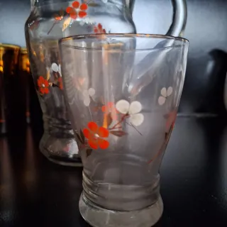 Jarra, 5 vasos cristal decorados a mano con flores
