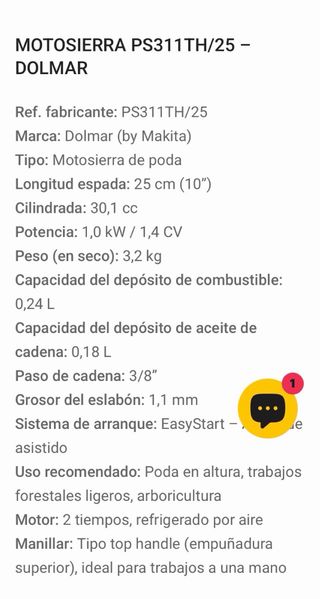 Motosierra Dolmar poda gasolina