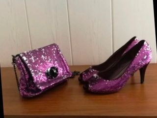 Bolso y Zapatos de Fiesta Morados y Plateados