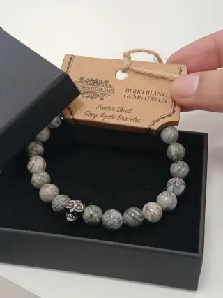 Pulseira Ágata Cinza com Caveira Pewter