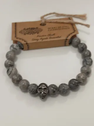 Pulseira Ágata Cinza com Caveira Pewter
