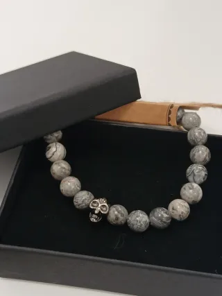 Pulseira Ágata Cinza com Caveira Pewter