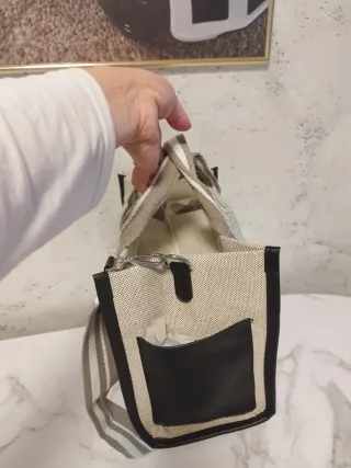 Bolso de lona a rayas beige y blanco