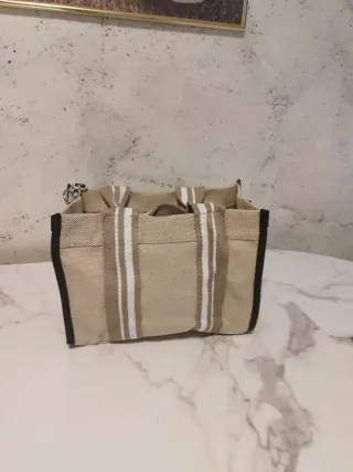 Bolso de lona a rayas beige y blanco