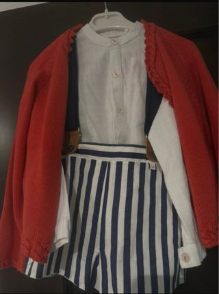 Conjunto niño camisa, tirantes y pantalón y rebeca