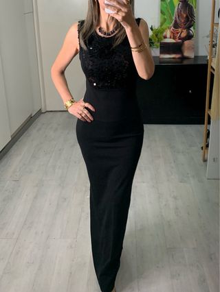 Vestido largo elástico negro con lentejuelas